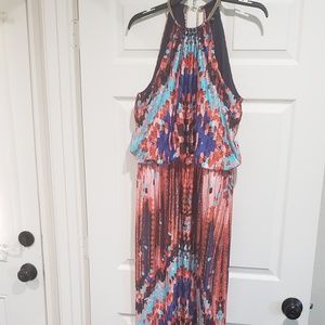 JBS Maxi dress w/ vibrant coloring & Gold neckline